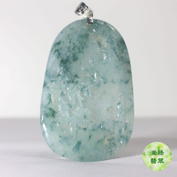 18K白金扣鑲A貨翡翠玉器飄花山水牌/香港翡翠證書M40508