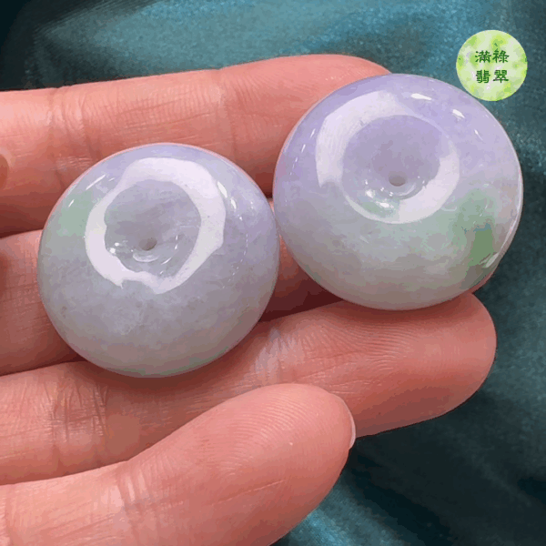 翡翠A貨玉器春彩平安扣一對主石直徑25mm-厚度11mm