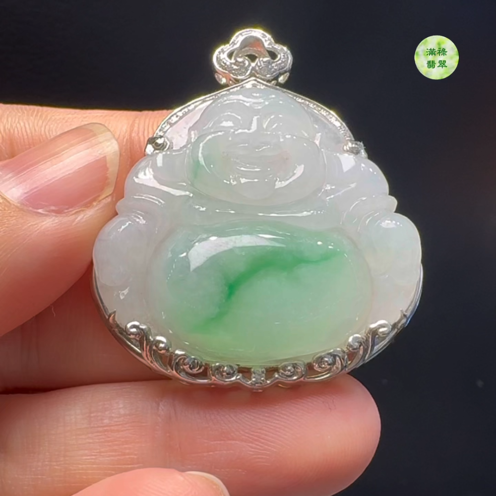 18K翡翠A貨玉器彌勒佛公翡翠吊墜 整個43-36-9.8mm 主石30-34mm