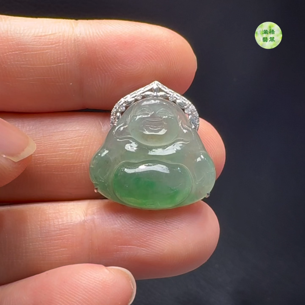 18K翡翠A貨玉器彌勒佛公翡翠吊墜 整個22-20-7mm