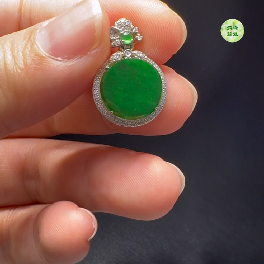 18K翡翠A貨玉器平安扣無事牌翡翠吊墜 整個21-14-5mm主石11mm