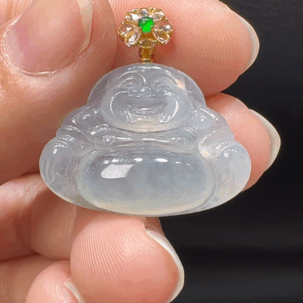 18K翡翠A貨玉器玉佛公彌勒佛翡翠吊墜 整個 27-26-5 mm