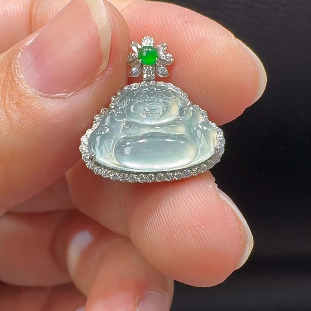 18K翡翠A貨玉器玉佛公彌勒佛翡翠吊墜 整個 18-18-5.7mm