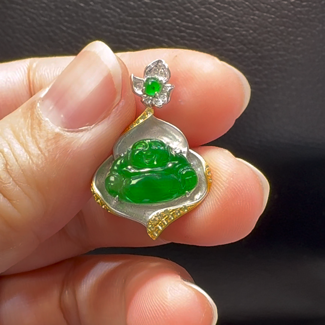 18K翡翠A貨玉器玉佛公彌勒佛翡翠吊墜 整個26-18-3.5mm 6 18K翡翠A貨玉器玉佛公彌勒佛翡翠吊墜 整個26-18-3.5mm - Image 6