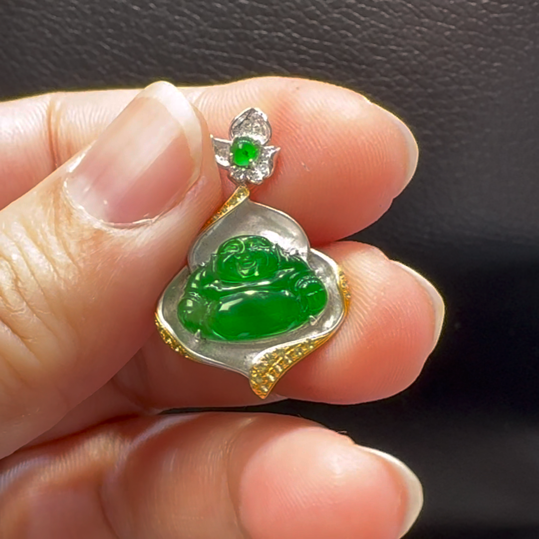 18K翡翠A貨玉器玉佛公彌勒佛翡翠吊墜 整個26-18-3.5mm 2 18K翡翠A貨玉器玉佛公彌勒佛翡翠吊墜 整個26-18-3.5mm - Image 2