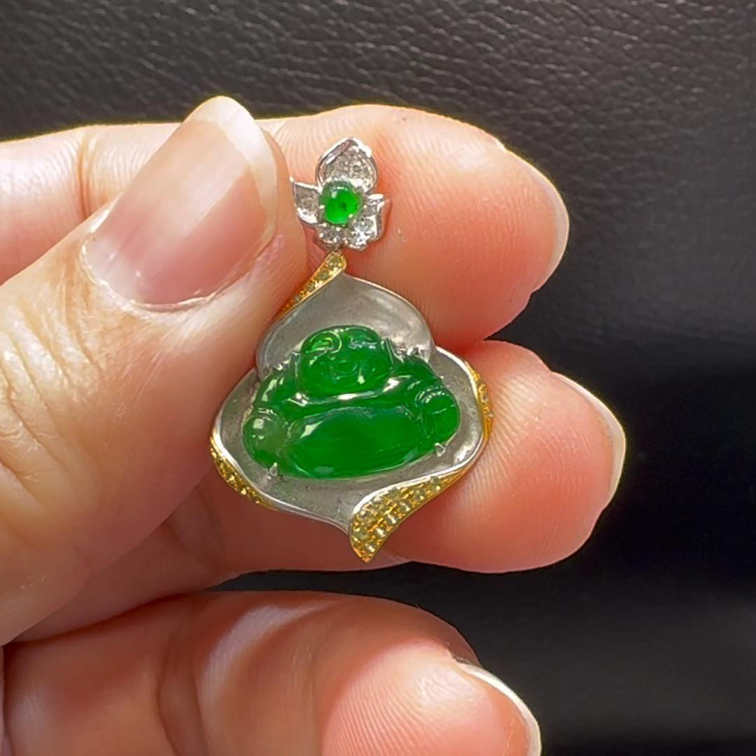 18K翡翠A貨玉器玉佛公彌勒佛翡翠吊墜 整個26-18-3.5mm 3 18K翡翠A貨玉器玉佛公彌勒佛翡翠吊墜 整個26-18-3.5mm - Image 3