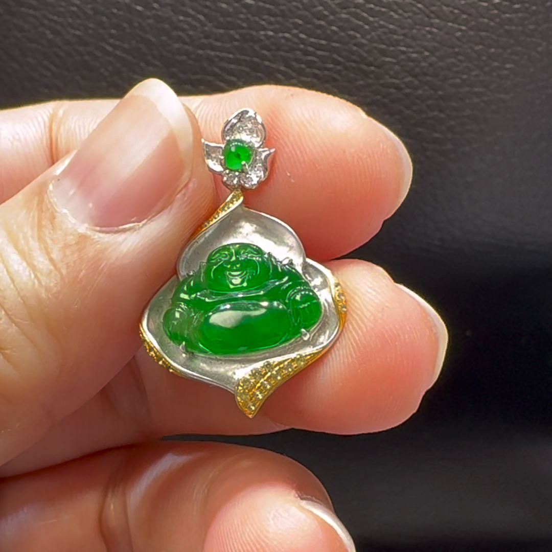 18K翡翠A貨玉器玉佛公彌勒佛翡翠吊墜 整個26-18-3.5mm 8 18K翡翠A貨玉器玉佛公彌勒佛翡翠吊墜 整個26-18-3.5mm - Image 8