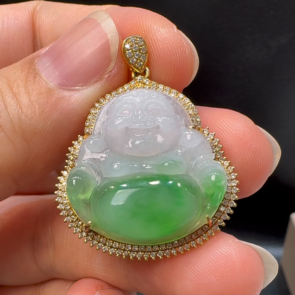 18K翡翠A貨玉器玉佛公彌勒佛翡翠吊墜 35-27-8.6mm