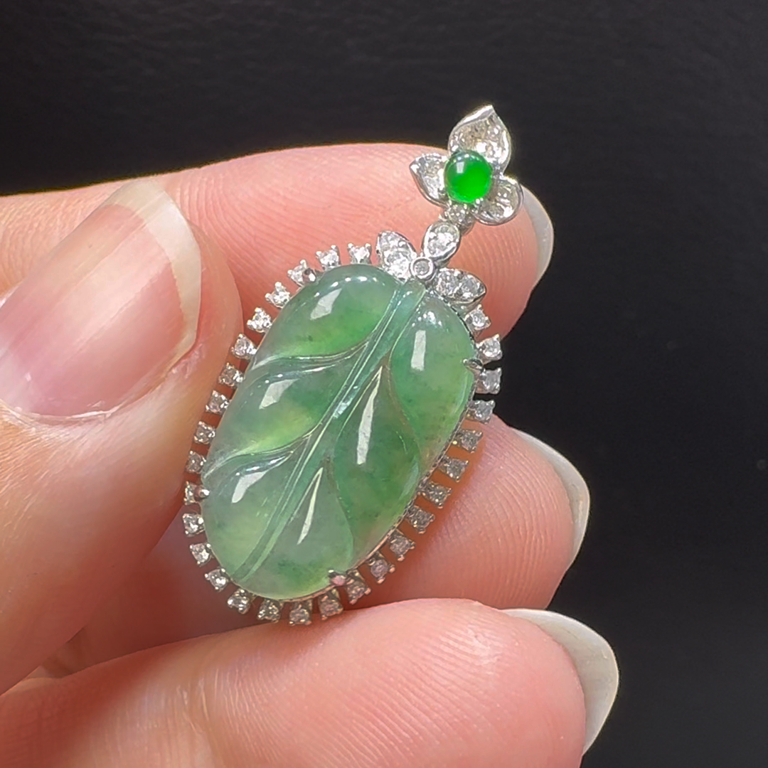 18K翡翠A貨玉器樹葉玉葉翡翠吊墜 整個30-14-6.5mm主石18-11mm 3 18K翡翠A貨玉器樹葉玉葉翡翠吊墜 整個30-14-6.5mm主石18-11mm - Image 3