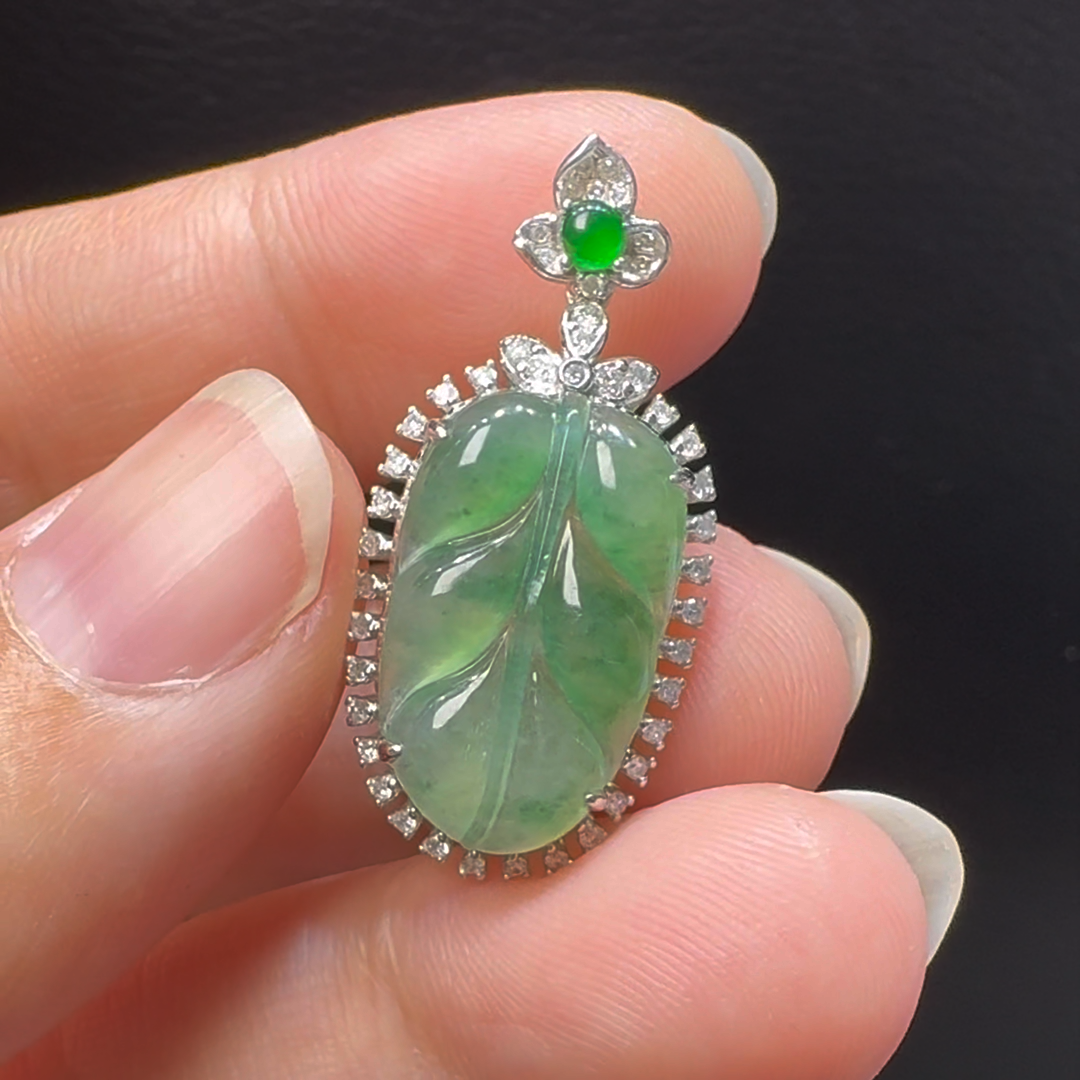 18K翡翠A貨玉器樹葉玉葉翡翠吊墜 整個30-14-6.5mm主石18-11mm 4 18K翡翠A貨玉器樹葉玉葉翡翠吊墜 整個30-14-6.5mm主石18-11mm - Image 4