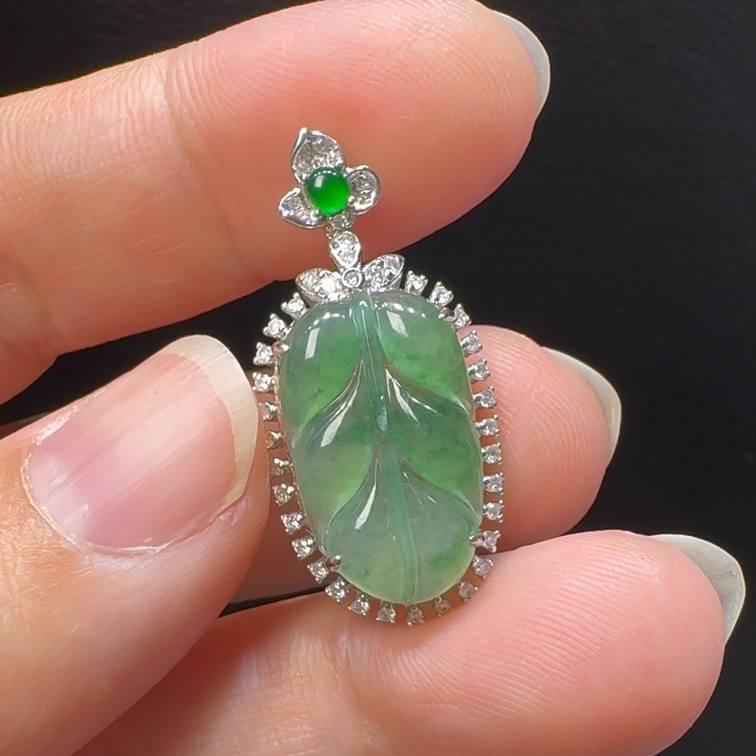 18K翡翠A貨玉器樹葉玉葉翡翠吊墜 整個30-14-6.5mm主石18-11mm 6 18K翡翠A貨玉器樹葉玉葉翡翠吊墜 整個30-14-6.5mm主石18-11mm - Image 6