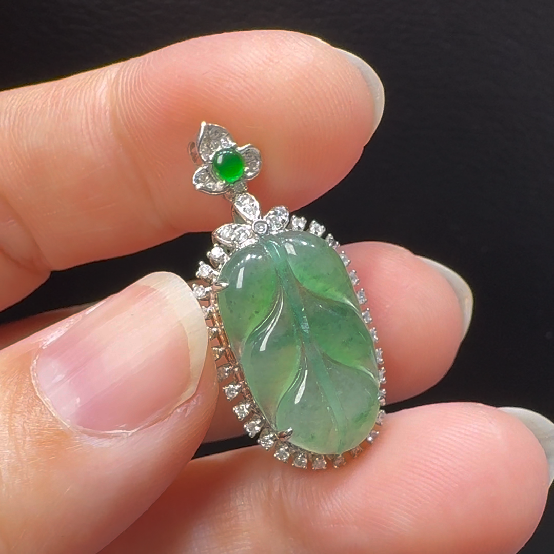 18K翡翠A貨玉器樹葉玉葉翡翠吊墜 整個30-14-6.5mm主石18-11mm 7 18K翡翠A貨玉器樹葉玉葉翡翠吊墜 整個30-14-6.5mm主石18-11mm - Image 7