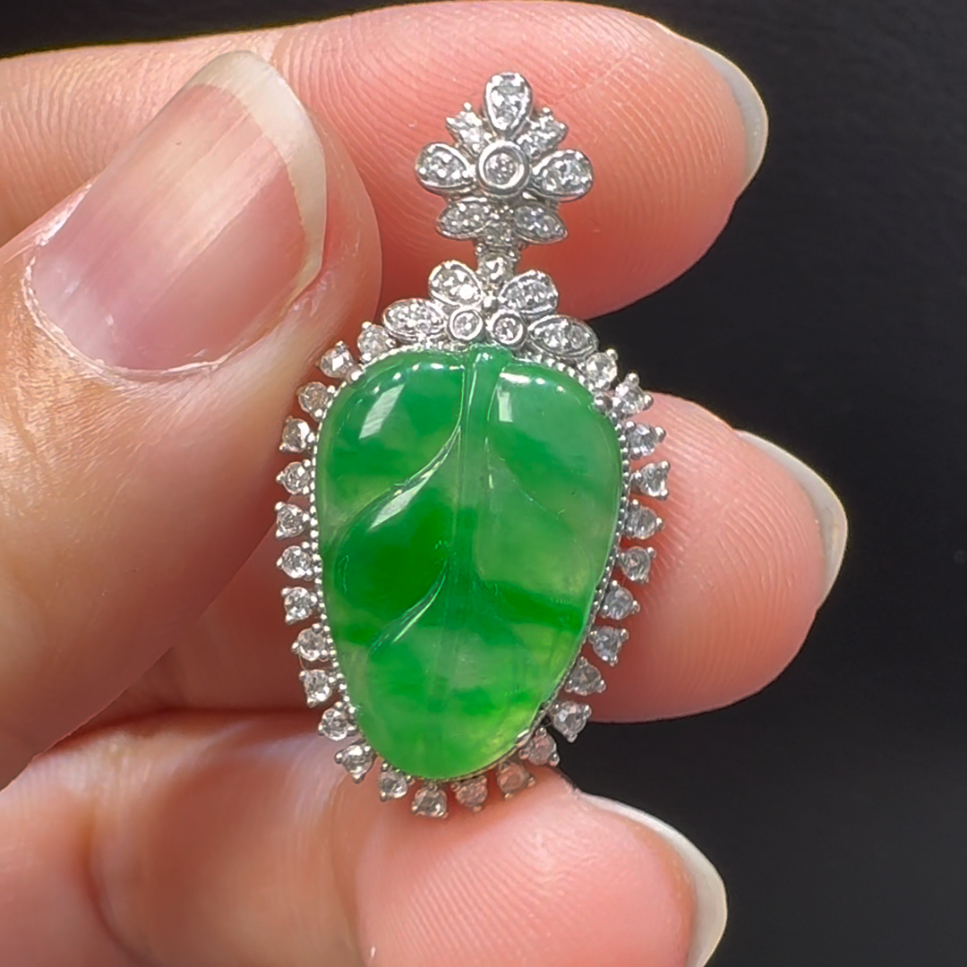 18K翡翠A貨玉器樹葉玉葉翡翠吊墜 30-16-8.5mm主石17-12mm 2 18K翡翠A貨玉器樹葉玉葉翡翠吊墜 30-16-8.5mm主石17-12mm - Image 2