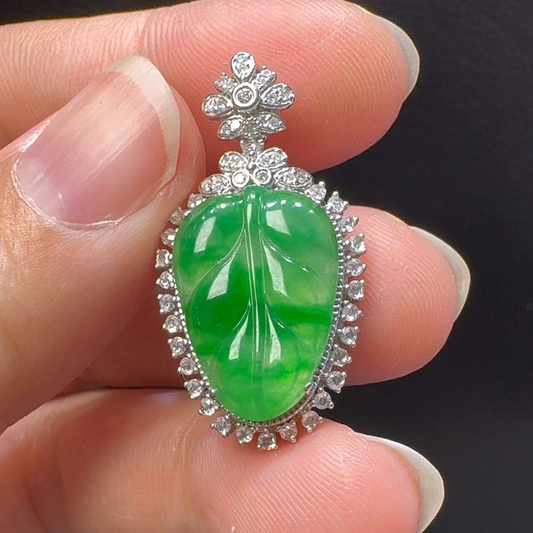 18K翡翠A貨玉器樹葉玉葉翡翠吊墜 30-16-8.5mm主石17-12mm 3 18K翡翠A貨玉器樹葉玉葉翡翠吊墜 30-16-8.5mm主石17-12mm - Image 3