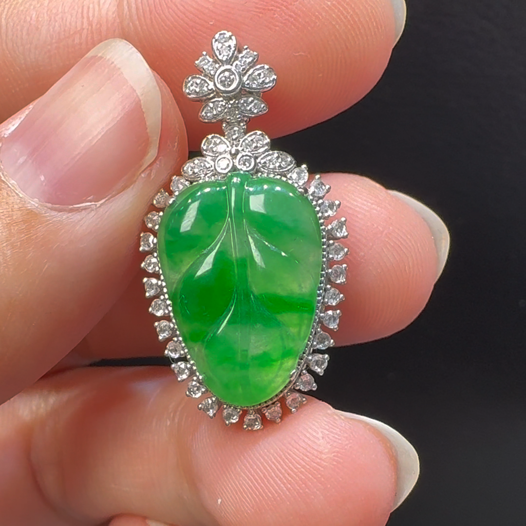 18K翡翠A貨玉器樹葉玉葉翡翠吊墜 30-16-8.5mm主石17-12mm 4 18K翡翠A貨玉器樹葉玉葉翡翠吊墜 30-16-8.5mm主石17-12mm - Image 4