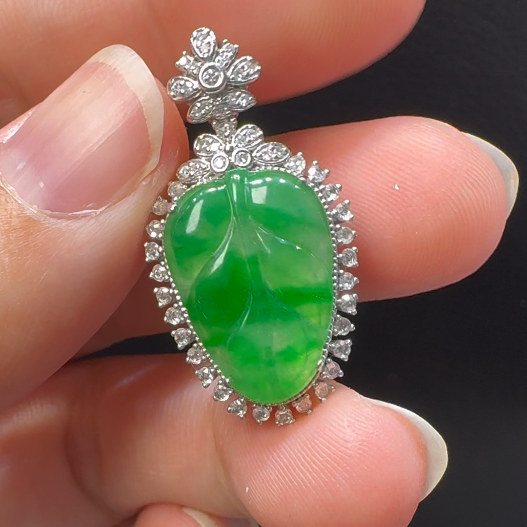 18K翡翠A貨玉器樹葉玉葉翡翠吊墜 30-16-8.5mm主石17-12mm 5 18K翡翠A貨玉器樹葉玉葉翡翠吊墜 30-16-8.5mm主石17-12mm - Image 5