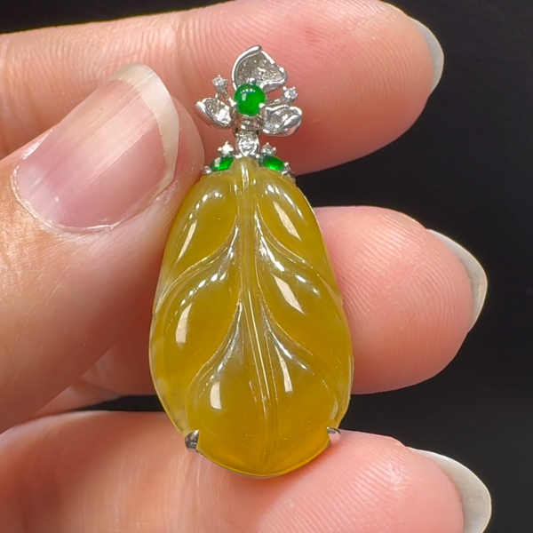 18K翡翠A貨玉器樹葉玉葉翡翠吊墜35-14-6mm
