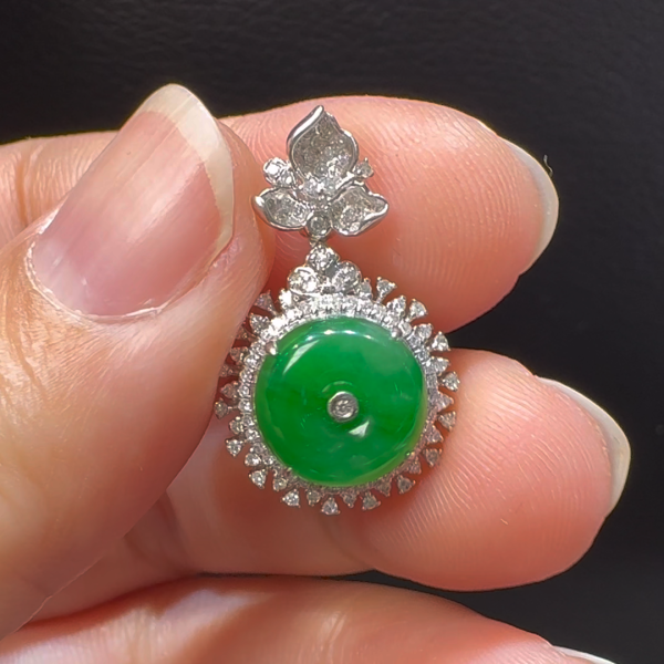 18K翡翠A貨玉器平安扣玉扣翡翠吊墜 整個24-14-9mm 直徑9.75