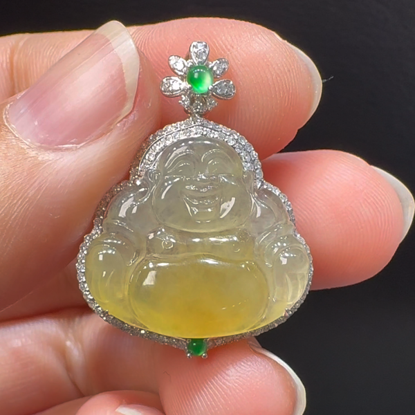 18K翡翠A貨玉器玉佛公彌勒佛翡翠吊墜 29-22-7.8mm