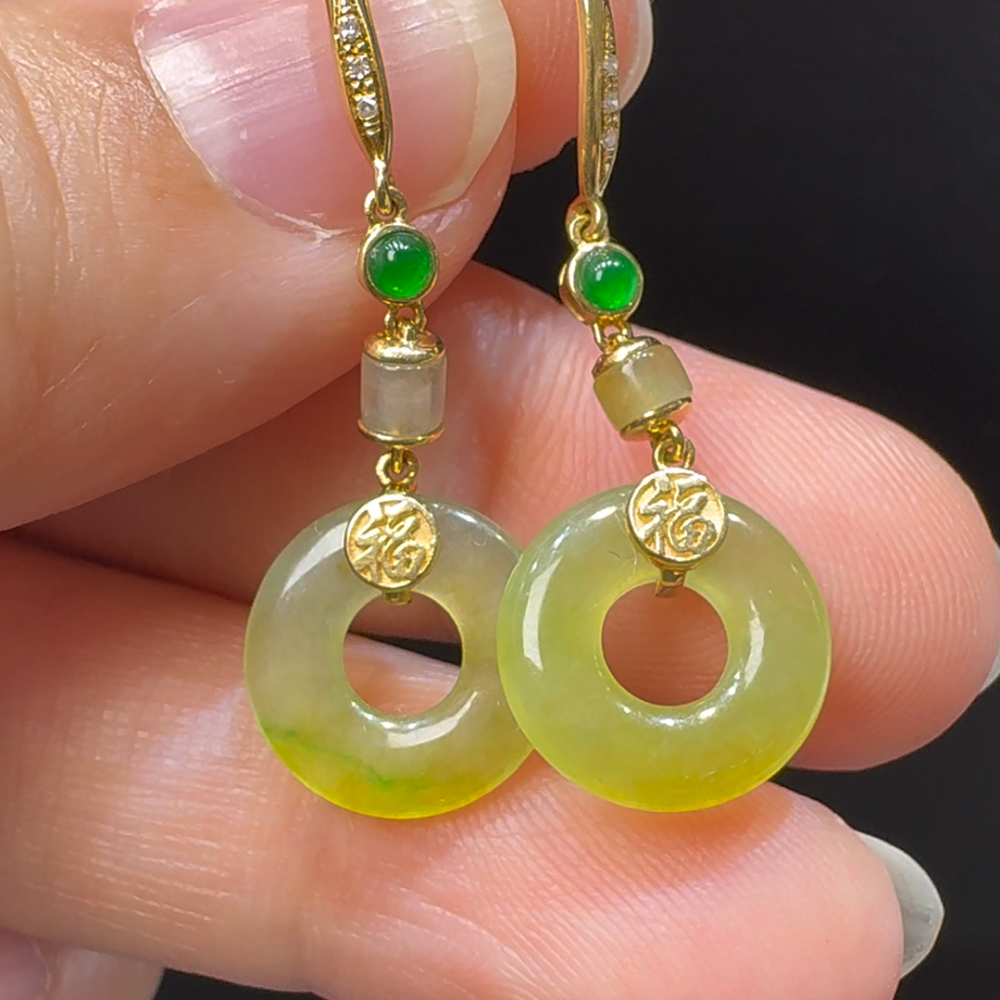 18K翡翠A貨玉器平安扣翡翠耳環 直徑2.66mm