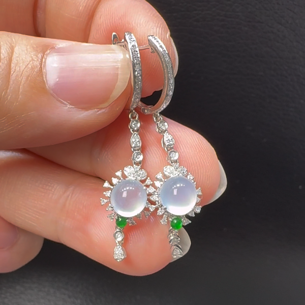 18K翡翠A貨玉器蛋面翡翠耳環 整個6.1-5.8mm