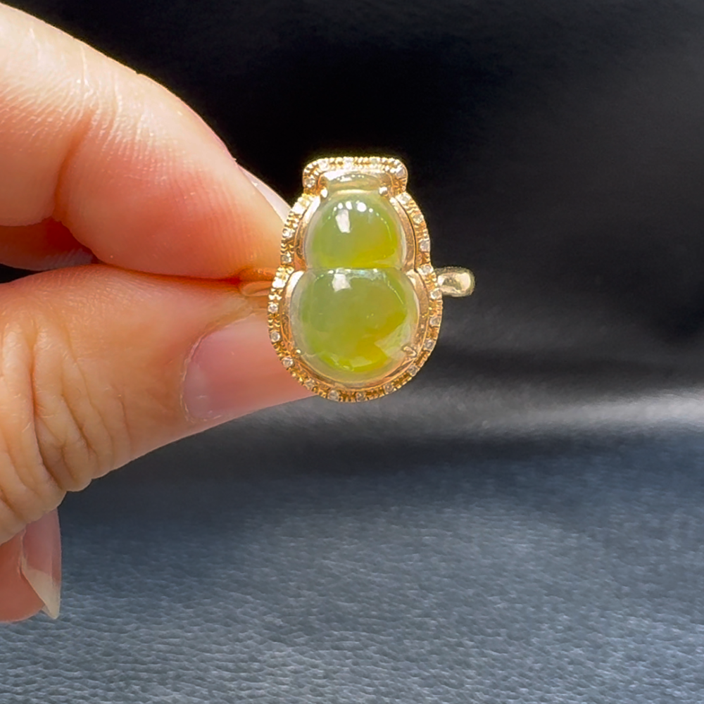 18K翡翠A貨玉器黃翡葫蘆翡翠戒指 主石14-8.6mm