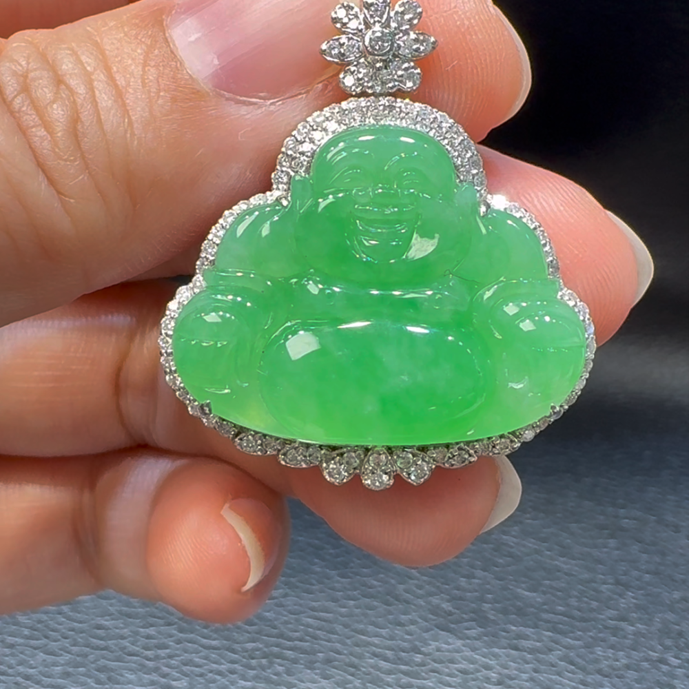 18K翡翠A貨玉器玉佛公彌勒佛翡翠吊墜 35-30-11mm 主石27-21mm