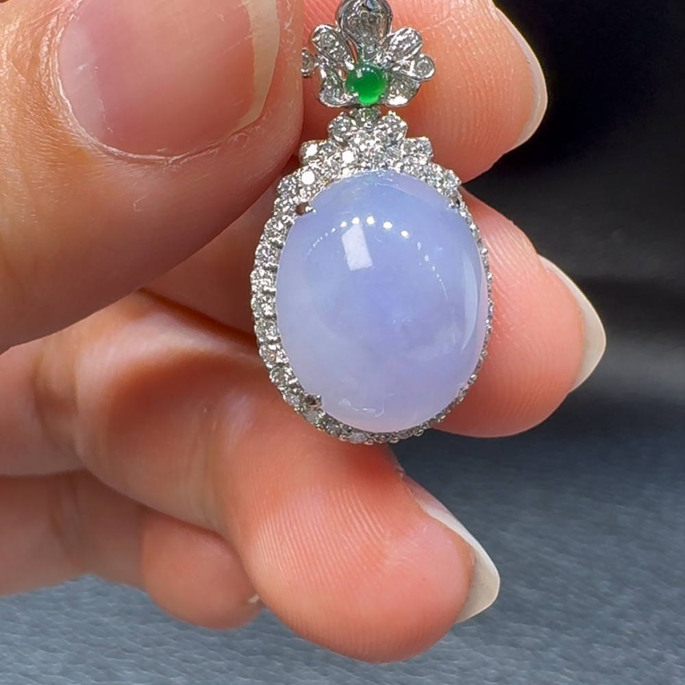 18K翡翠A貨玉器蛋面翡翠吊墜 25-13-10mm 主石14-11-4mm