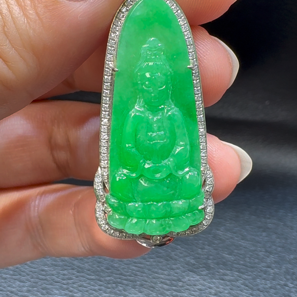 18K翡翠A貨玉器觀音翡翠吊墜 整個48-20-7mm主石20-13-4mm