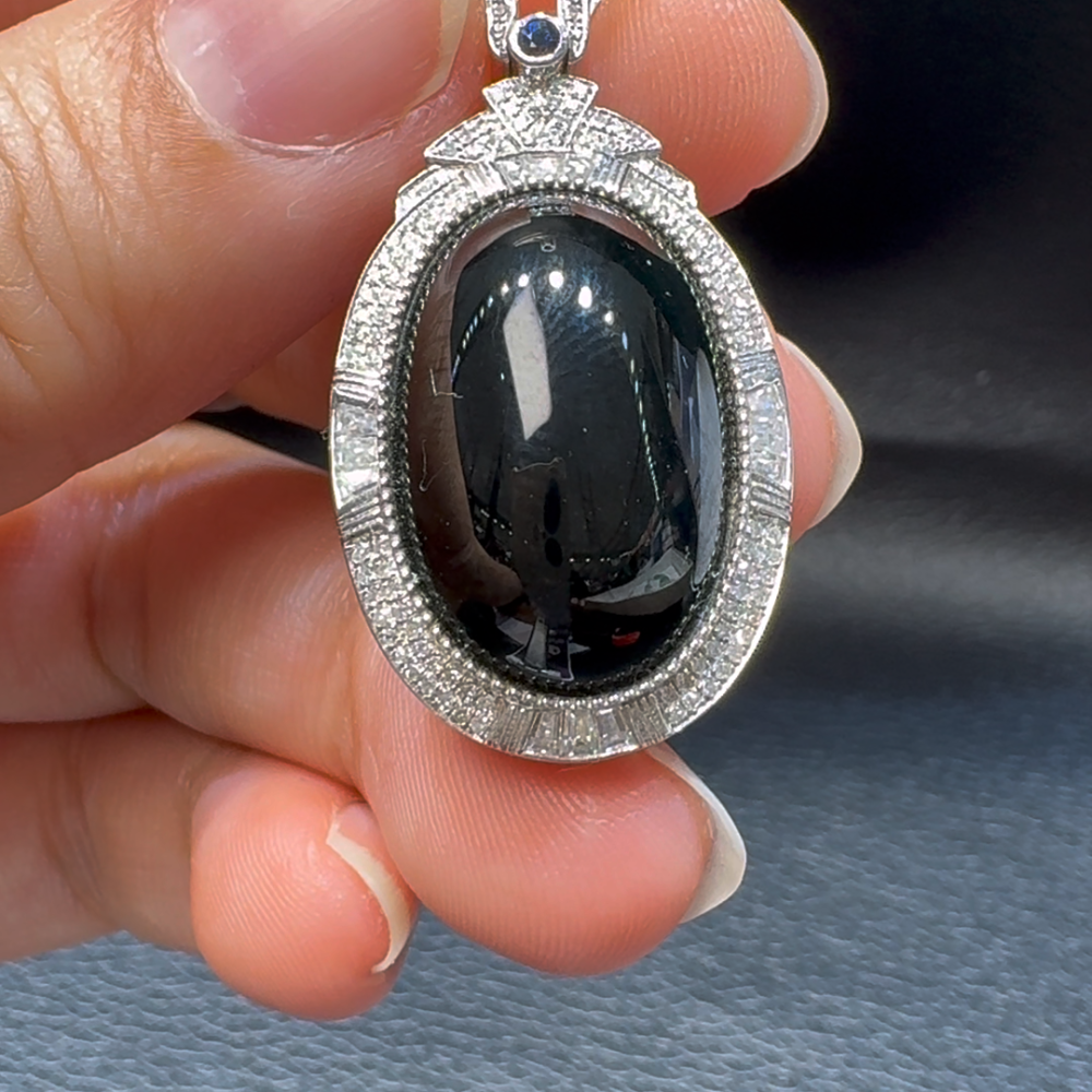 18K翡翠A貨玉器墨翠蛋面翡翠吊墜 整個37-19-10主石20-13-4mm