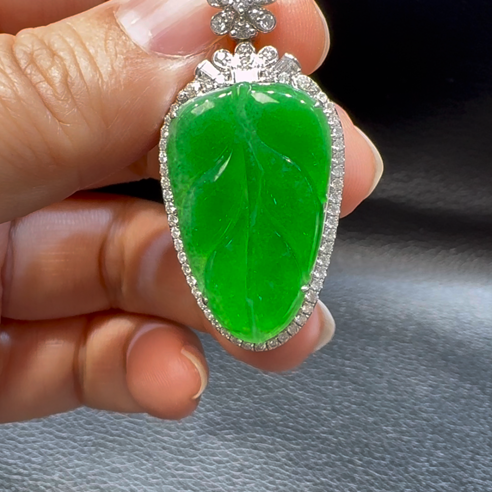 18K翡翠A貨玉器樹葉玉葉翡翠吊墜 整個42.6-20.6-10mm