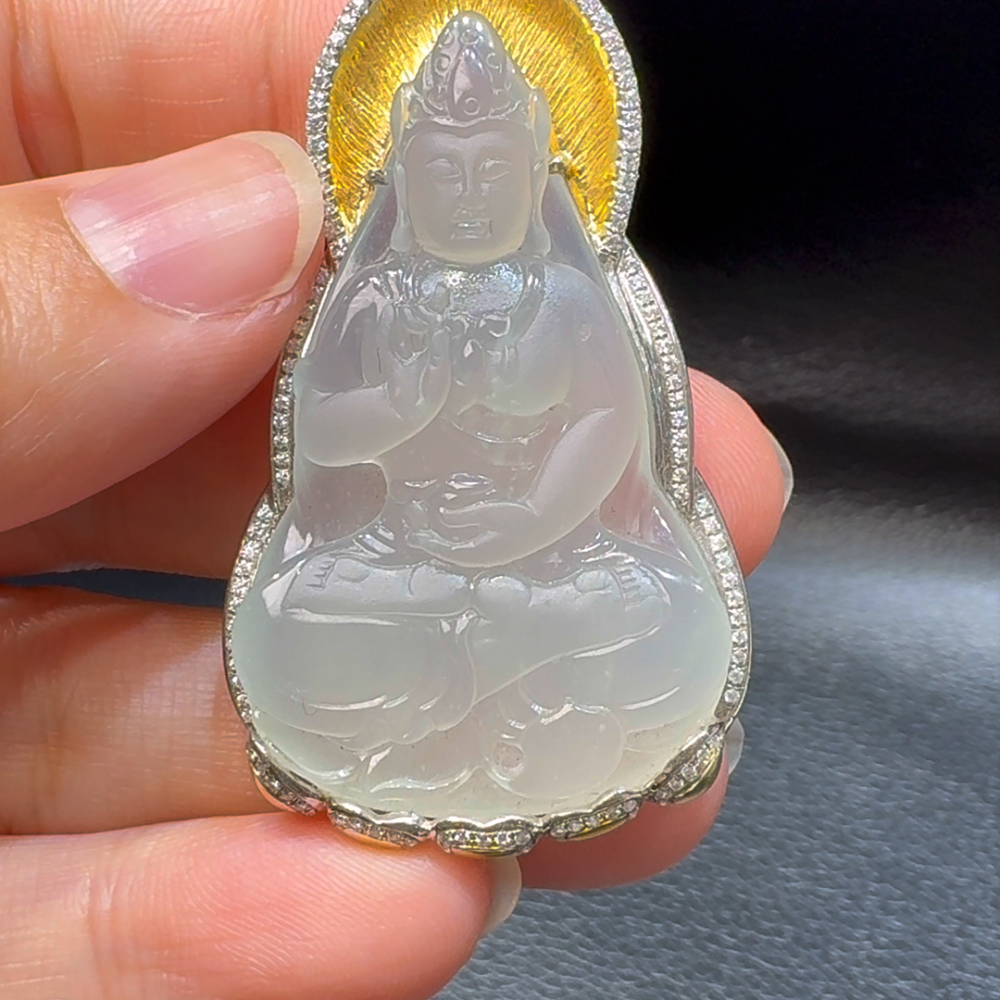 18K翡翠A貨玉器觀音翡翠吊墜 整個 52-30-9mm