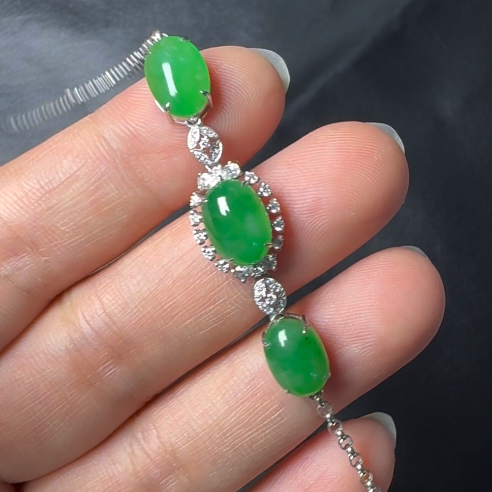 翡翠直播#6-18K白金鑽石翡翠手鏈