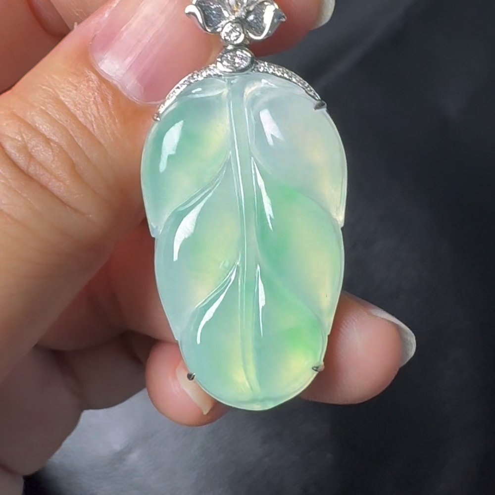 翡翠直播#8-18k白金鑽石翡翠樹葉吊墜