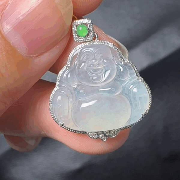 翡翠直播#12-18k白金鑽石翡翠佛公吊墜