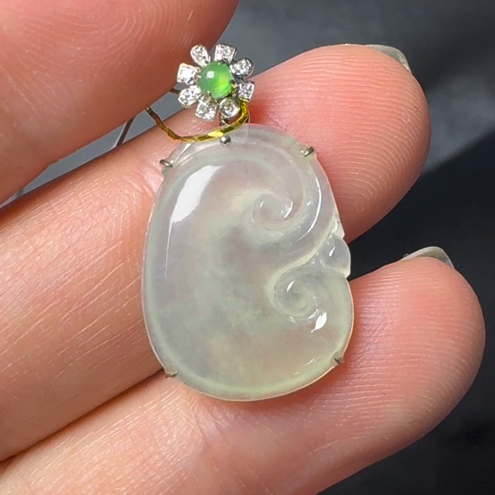 翡翠直播#13-18k白金鑽石翡翠如意吊墜