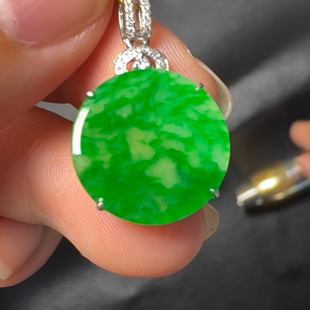 翡翠直播#19-18k白金鑽石翡翠無事牌平安扣