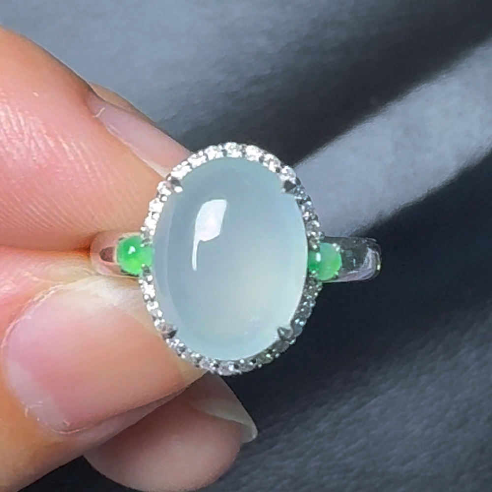 翡翠直播#20-18k白金鑽石翡翠蛋面戒指