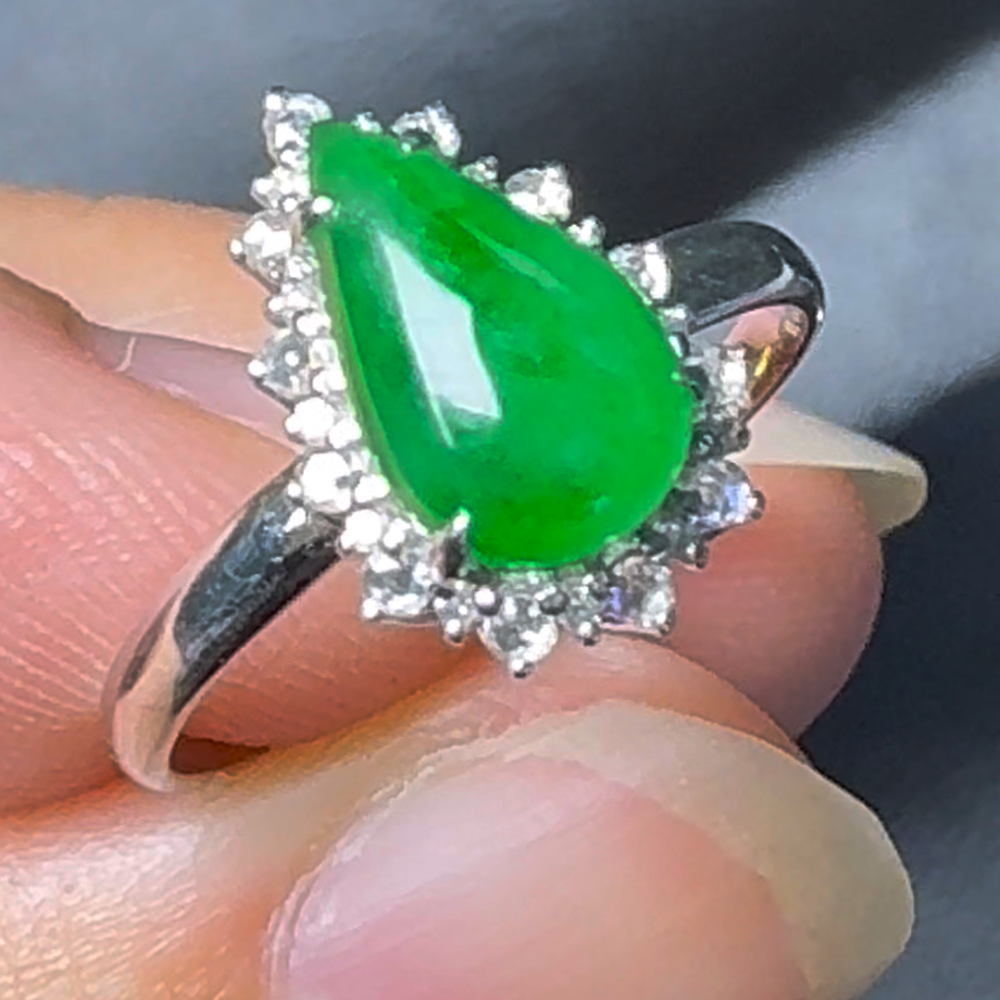 翡翠直播#21-18k白金鑽石翡翠水滴戒指