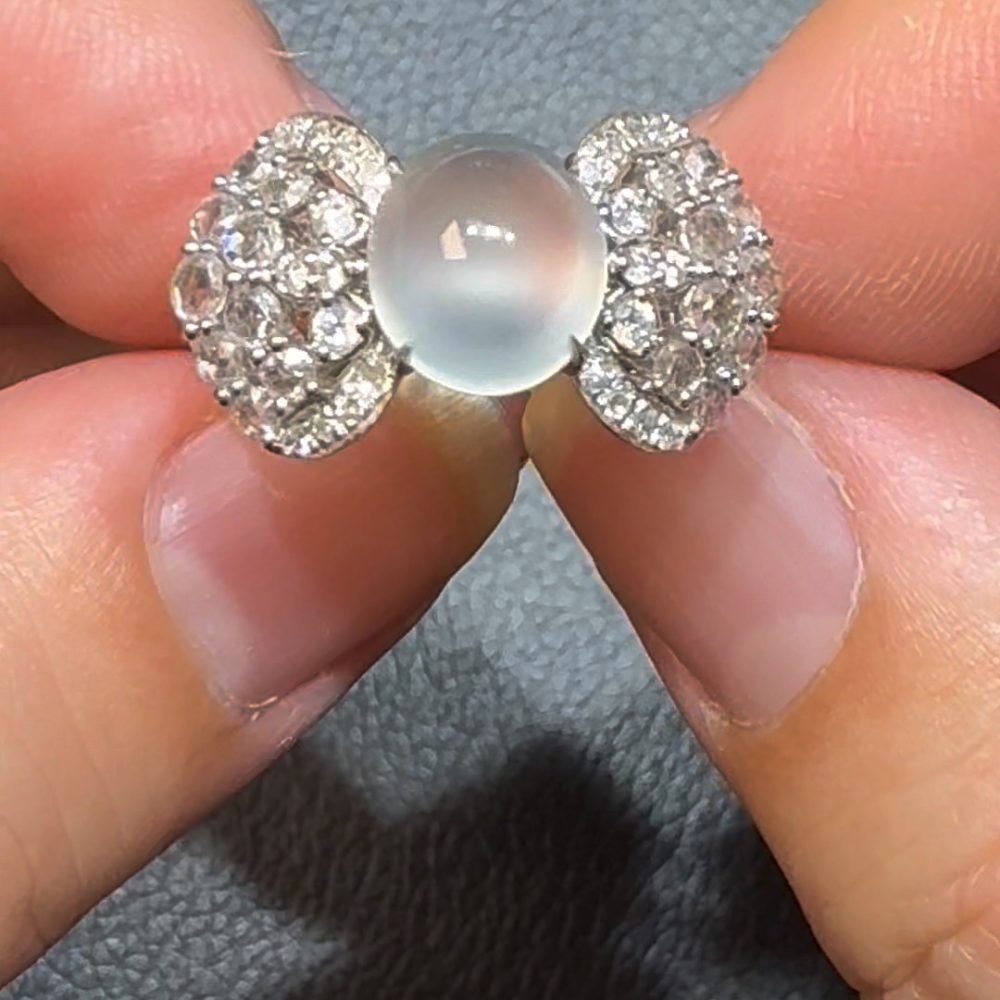 翡翠直播商品#103-18K白金鑽石翡翠蛋面戒指