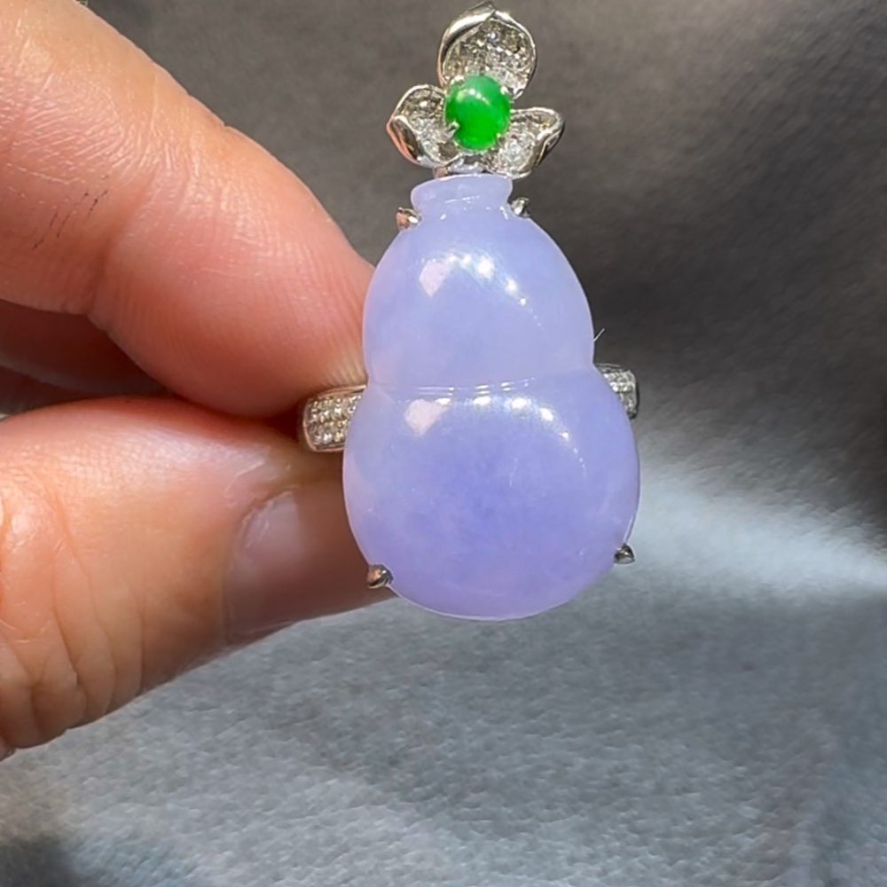 翡翠直播商品#116-18K白金鑽石紫羅蘭翡翠葫蘆吊墜戒指二用款式