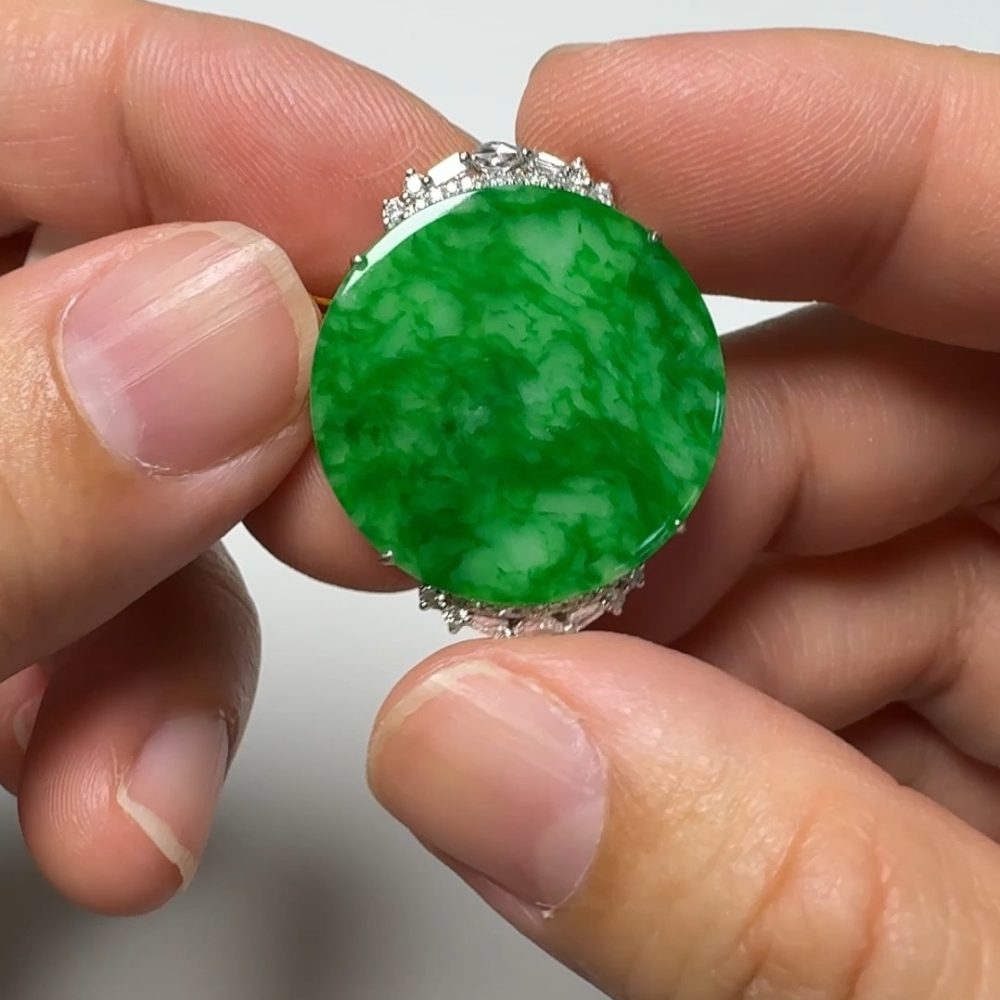 翡翠直播商品#149-18K白金鑽石平安扣無事牌翡翠吊墜