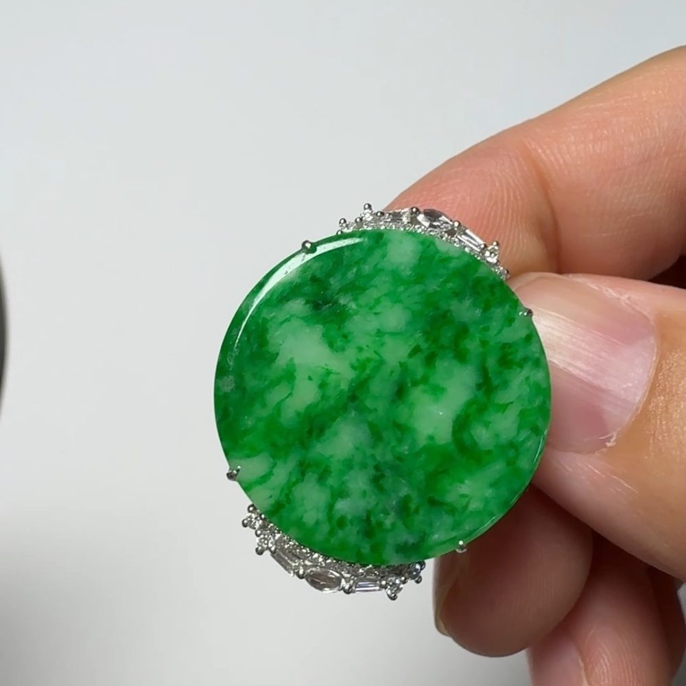 翡翠直播商品#150-18K白金鑽石平安扣無事牌翡翠吊墜