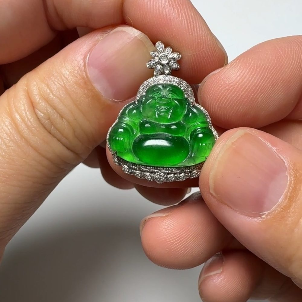 翡翠直播商品#152-18K白金鑲嵌彌勒佛公翡翠吊墜