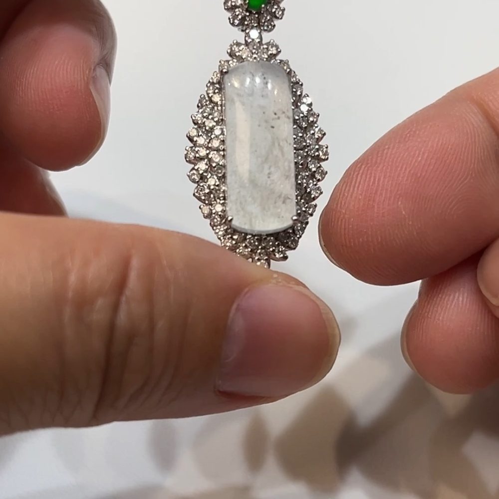 翡翠直播商品#181-18K白金鑽石翡翠無事牌吊墜