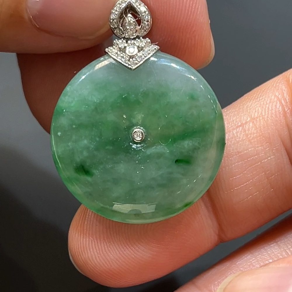 翡翠直播商品#202-18K白金鑽石平安扣翡翠吊墜
