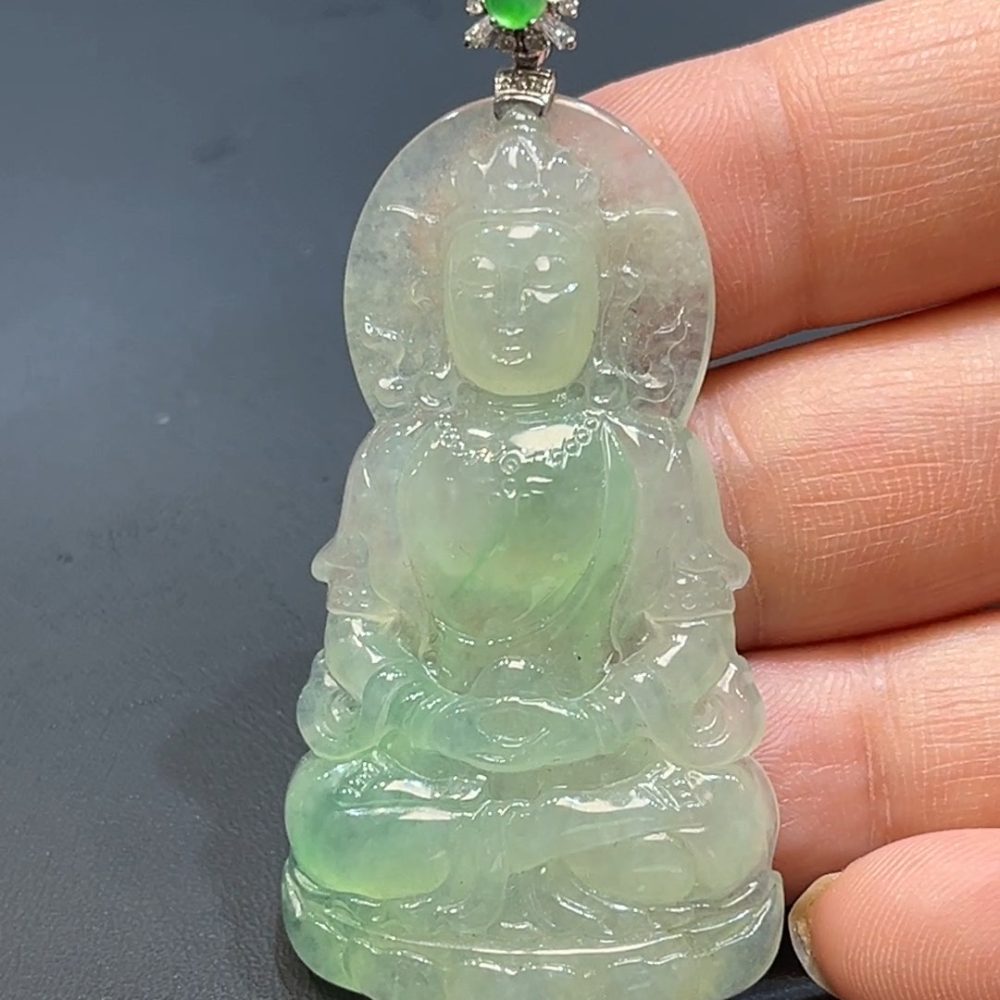 翡翠直播商品#231-18k白金鑲嵌翡翠觀音吊墜