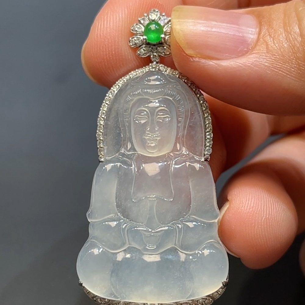 翡翠直播商品#238-18k白金鑲嵌翡翠觀音吊墜