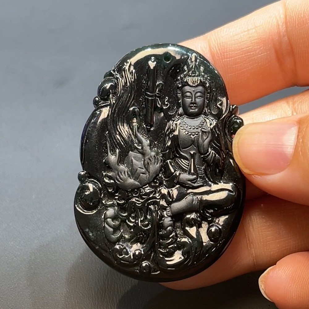 翡翠玉器天然A級翡翠透陽綠墨翠觀音吊墜 翡翠直播#253