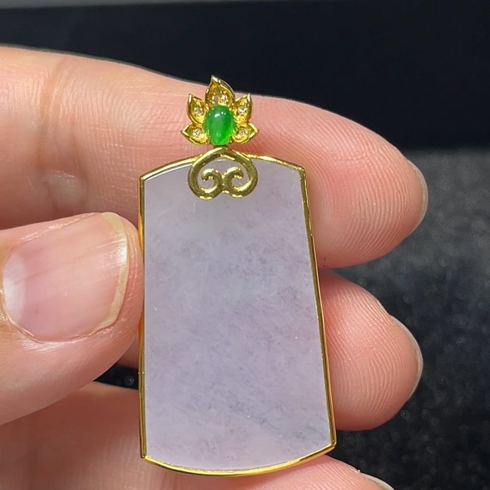 天然A級翡翠18K白金鑲嵌紫羅蘭無事牌吊墜 翡翠直播#275